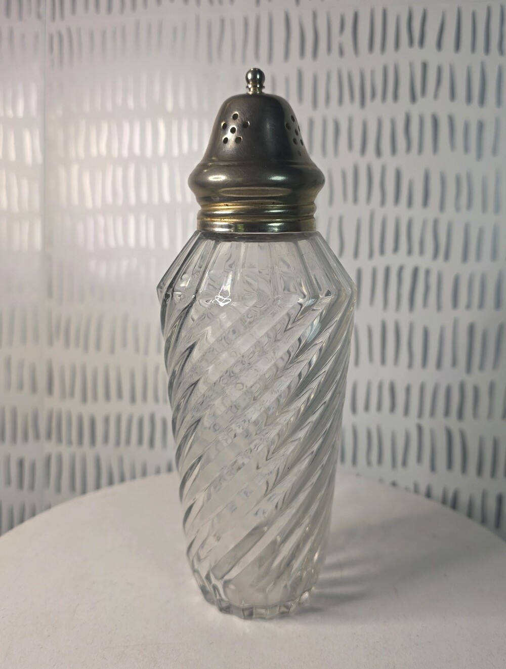 Vintage Clear Glass Sugar Shaker Swirl Diamond Pattern Metal Lid